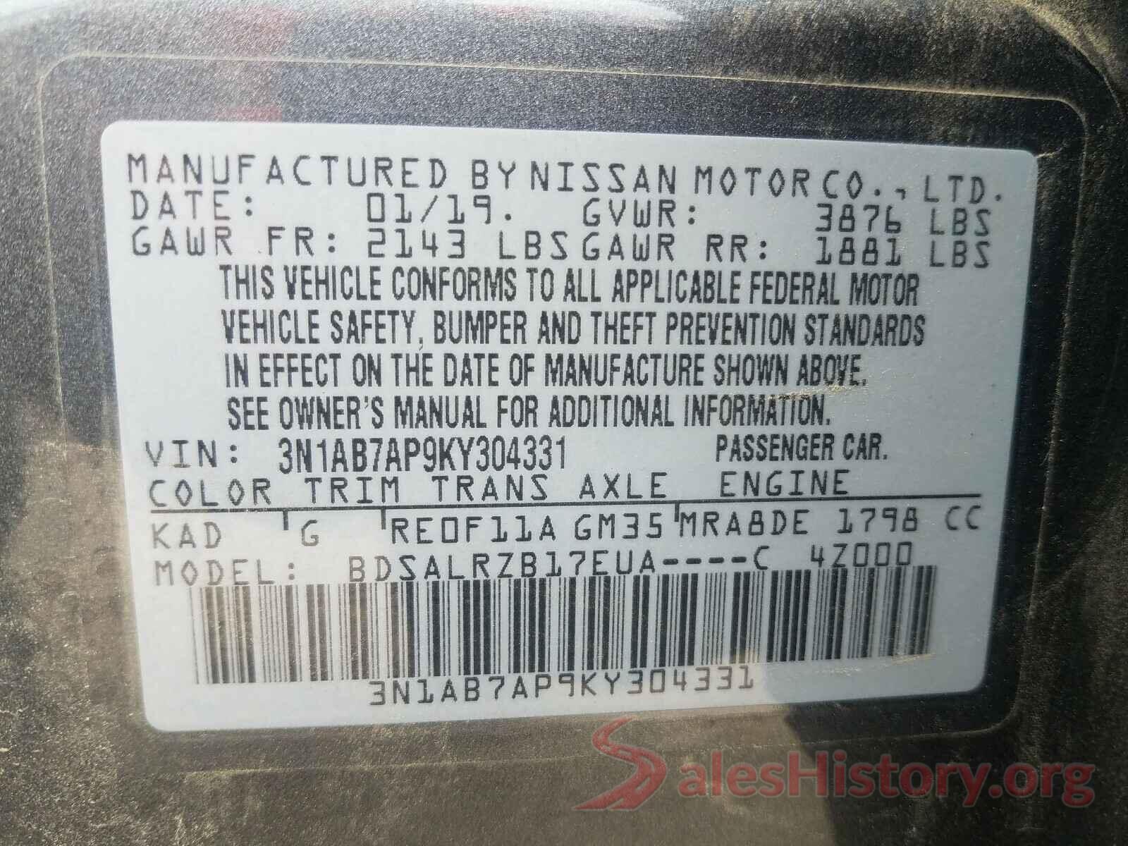 3N1AB7AP9KY304331 2019 NISSAN SENTRA