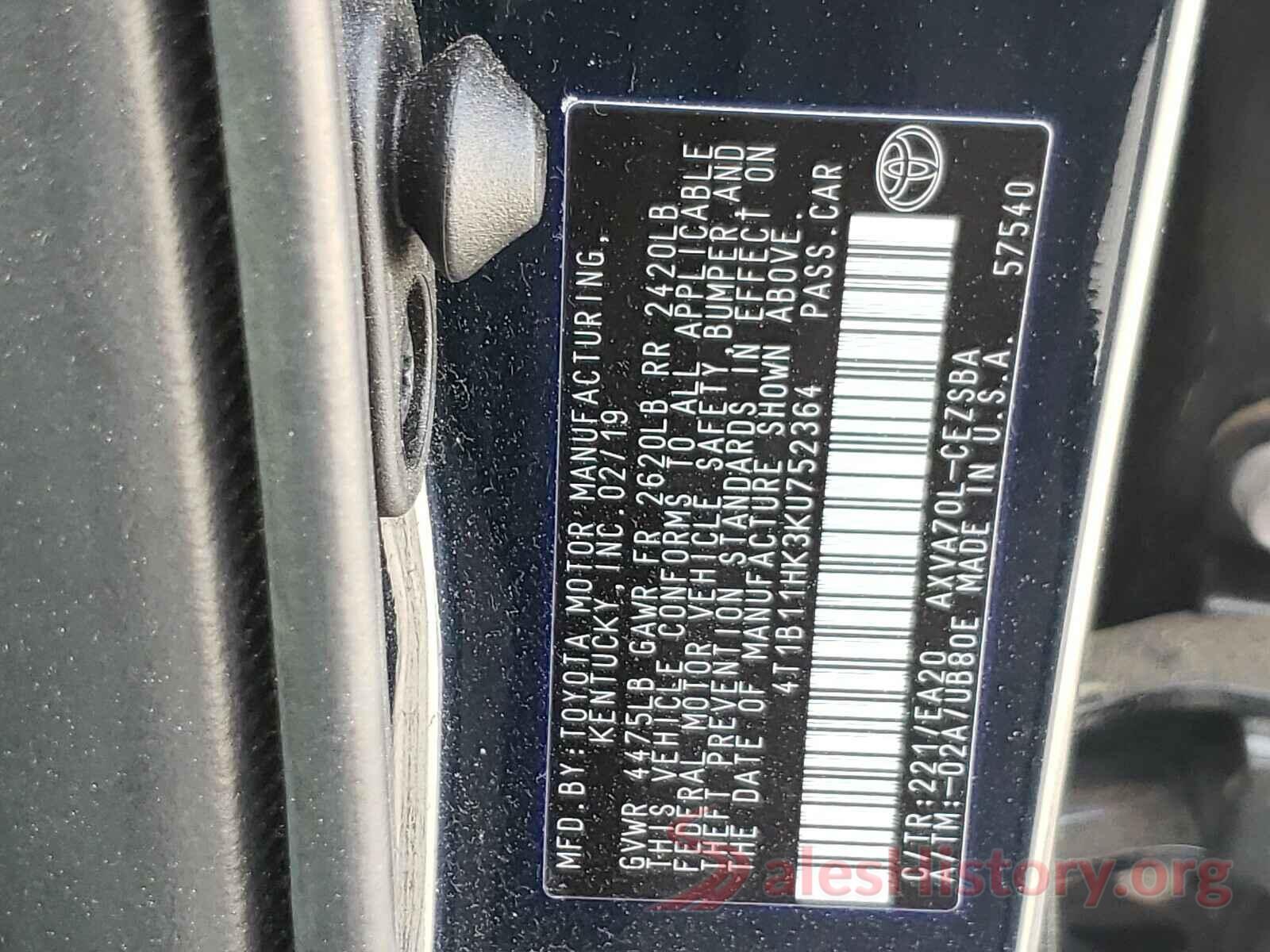 4T1B11HK3KU752364 2019 TOYOTA CAMRY