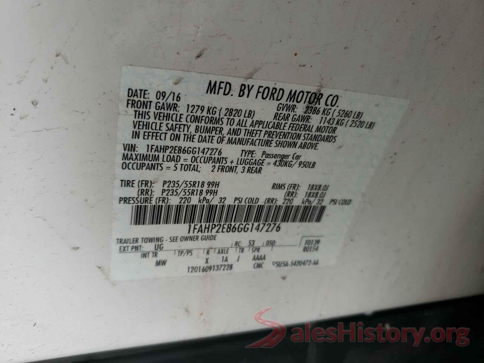 1FAHP2E86GG147276 2016 FORD TAURUS