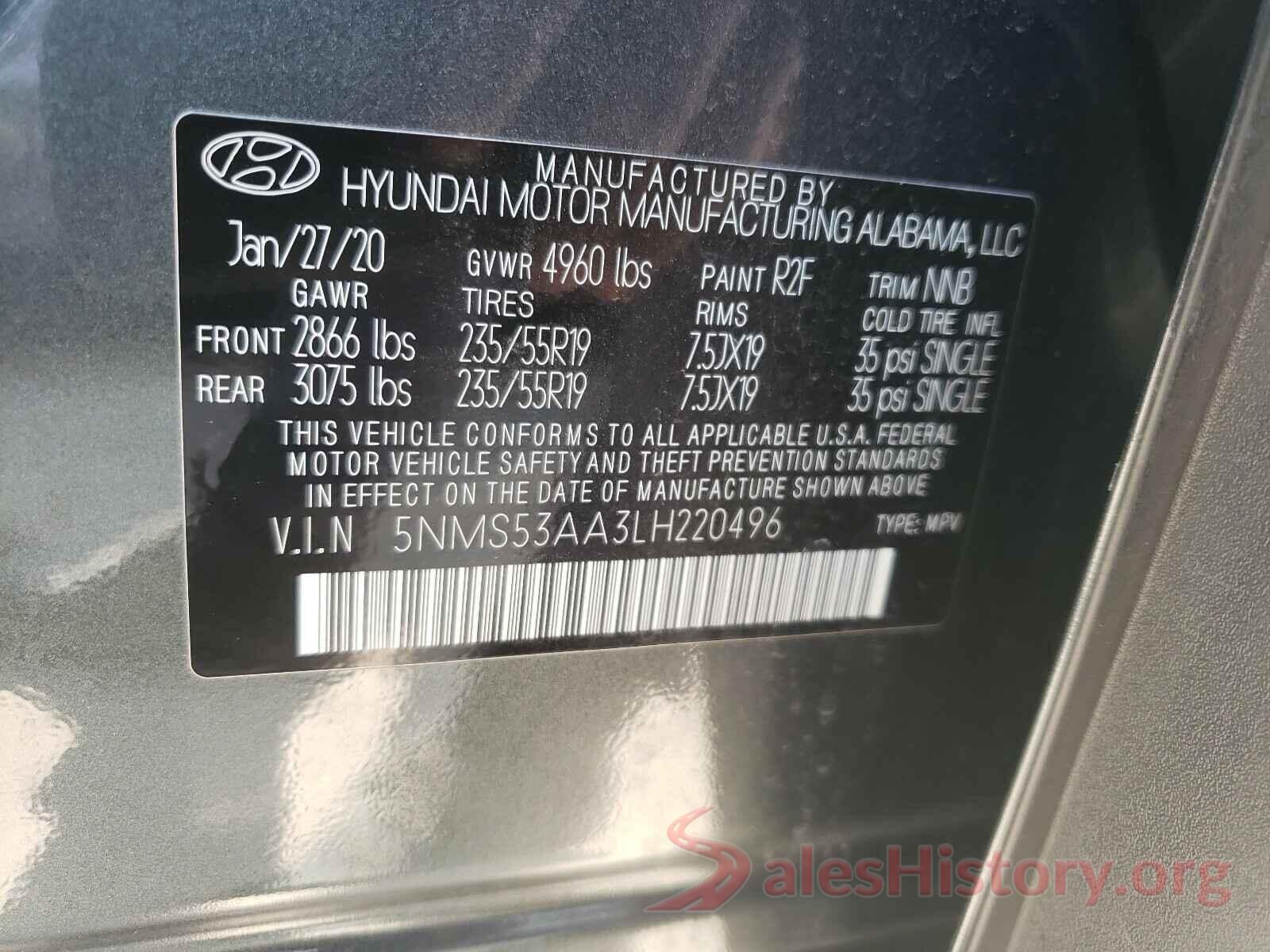 5NMS53AA3LH220496 2020 HYUNDAI SANTA FE