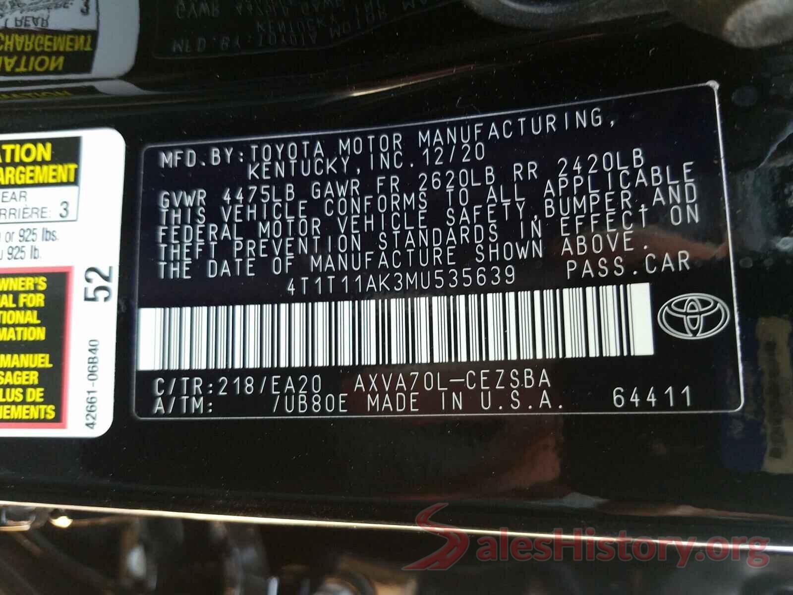 4T1T11AK3MU535639 2021 TOYOTA CAMRY