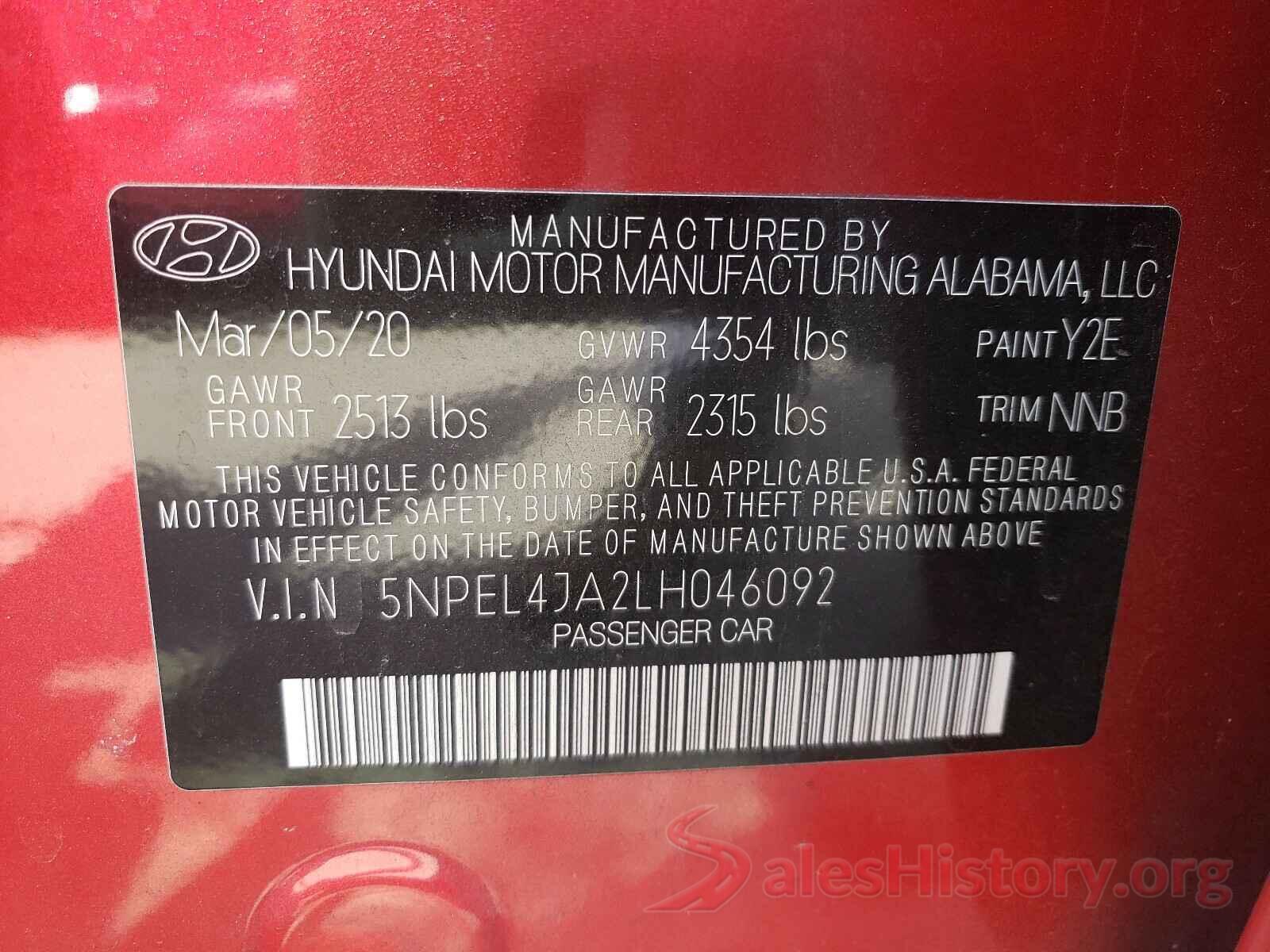 5NPEL4JA2LH046092 2020 HYUNDAI SONATA