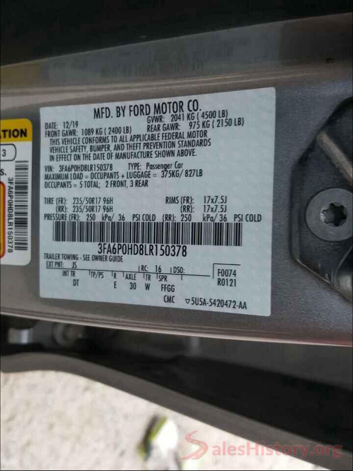 3FA6P0HD8LR150378 2020 FORD FUSION