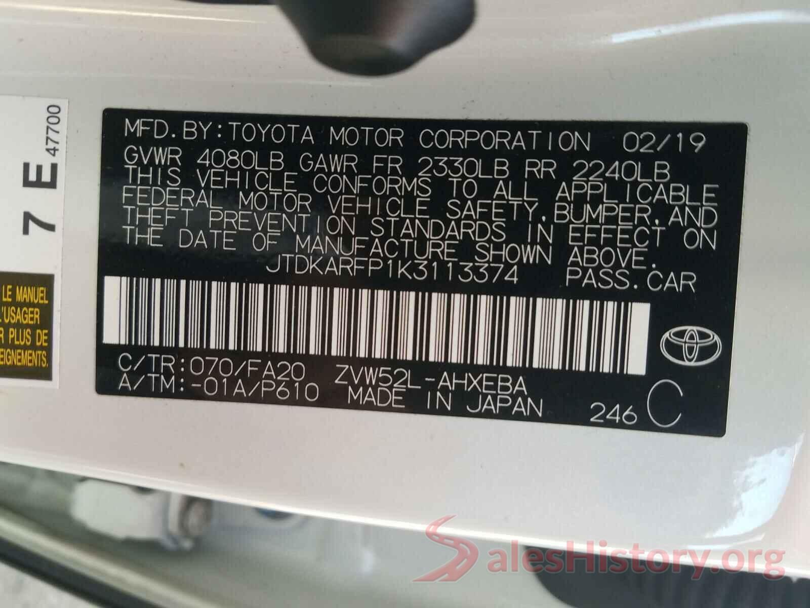 JTDKARFP1K3113374 2019 TOYOTA PRIUS