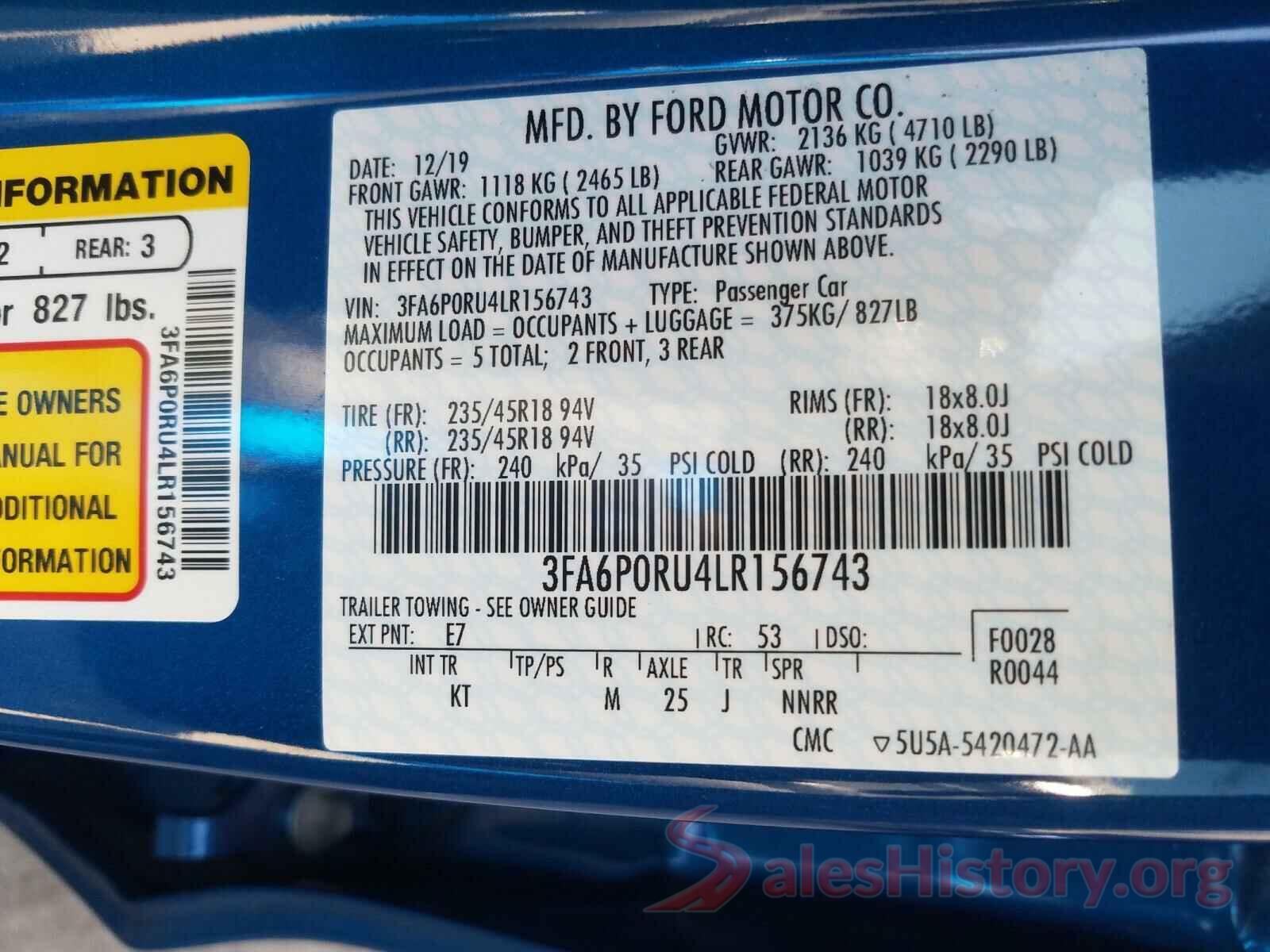 3FA6P0RU4LR156743 2020 FORD FUSION