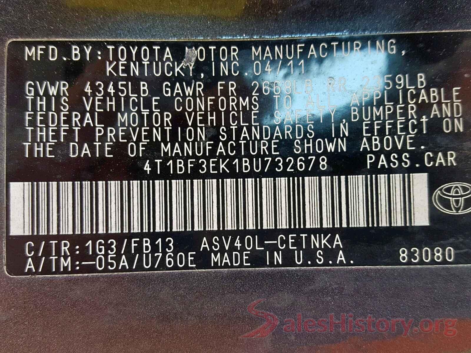 4T1BF3EK1BU732678 2011 TOYOTA CAMRY BASE