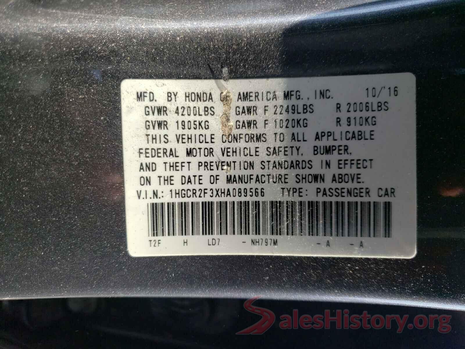 1HGCR2F3XHA089566 2017 HONDA ACCORD