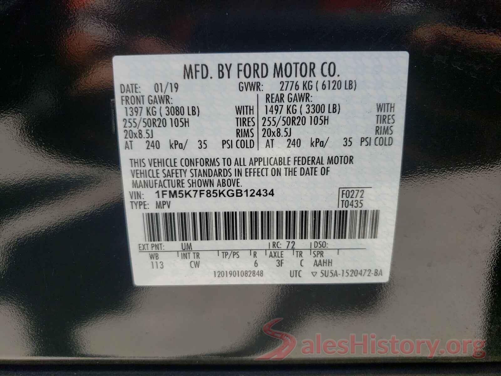 1FM5K7F85KGB12434 2019 FORD EXPLORER