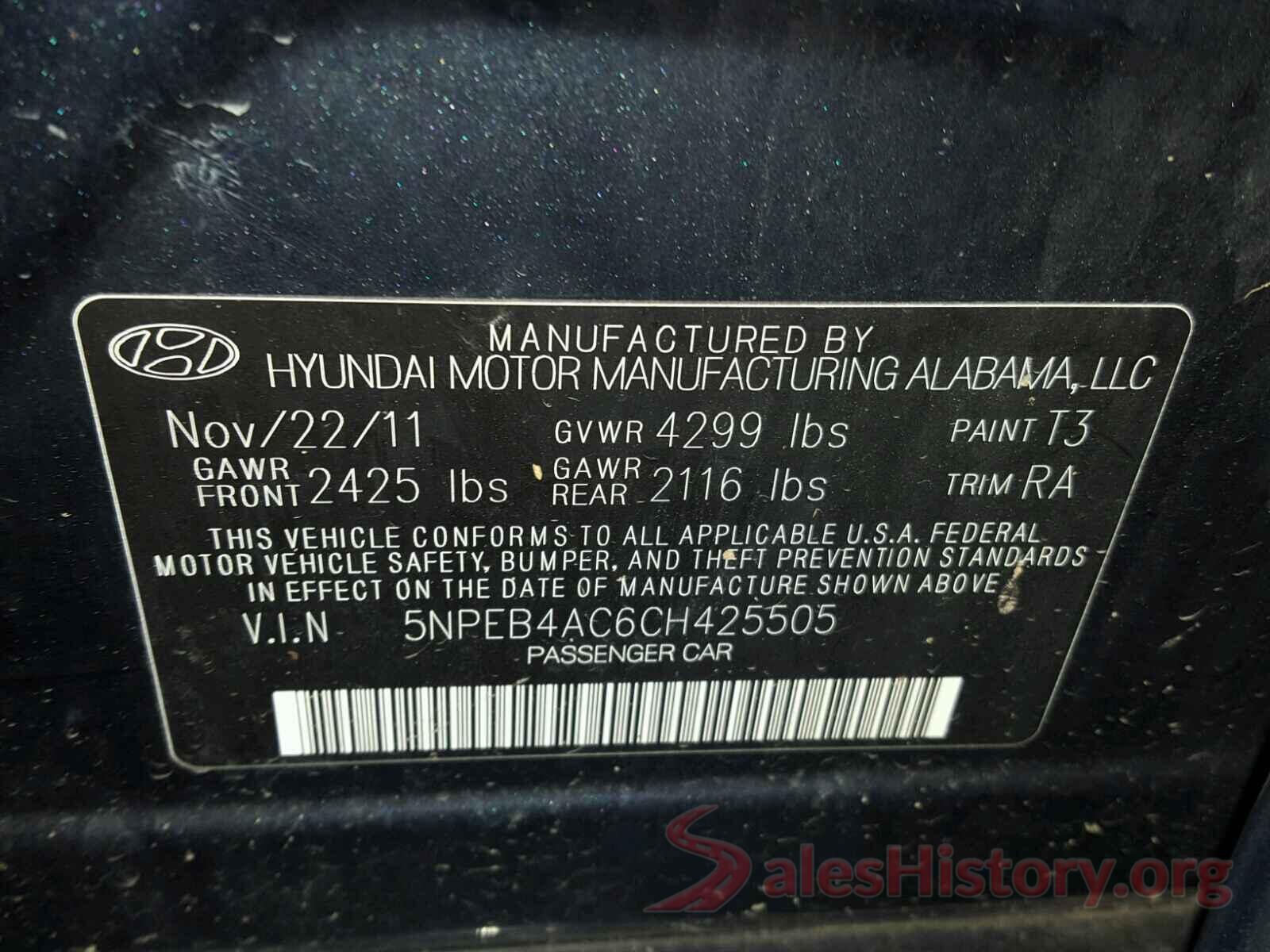 5NPEB4AC6CH425505 2012 HYUNDAI SONATA