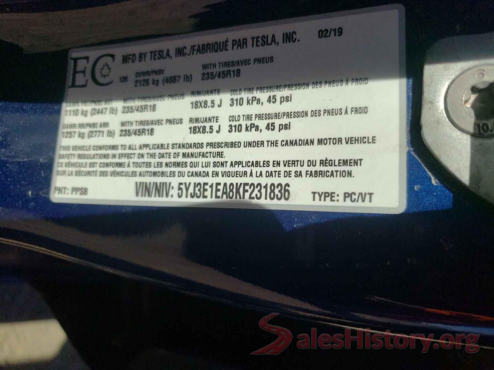 5YJ3E1EA8KF231836 2019 TESLA MODEL 3