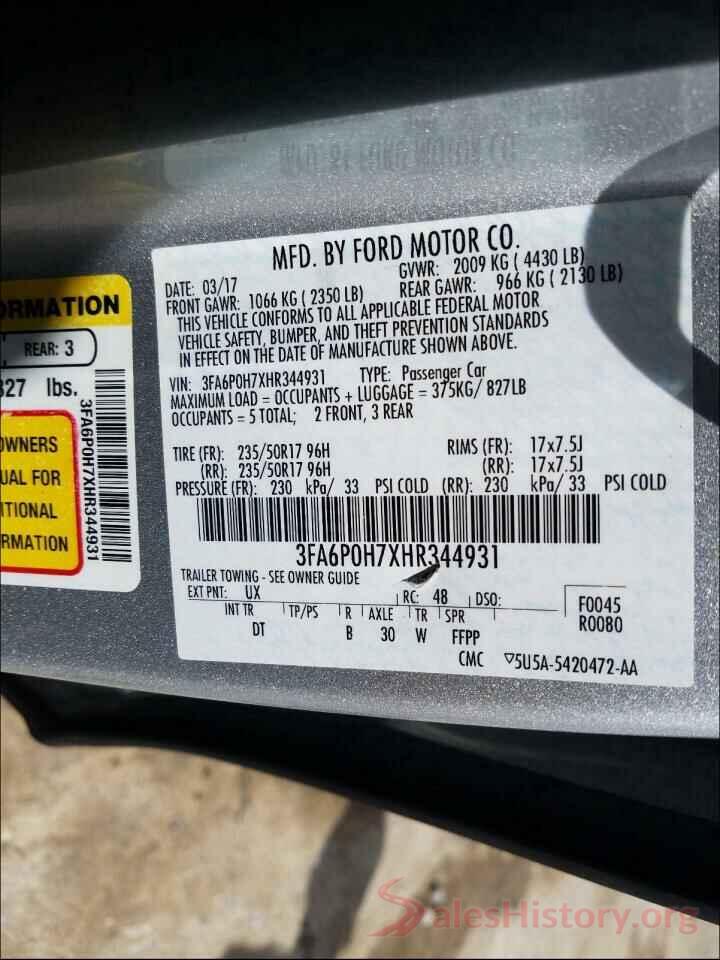 3FA6P0H7XHR344931 2017 FORD FUSION