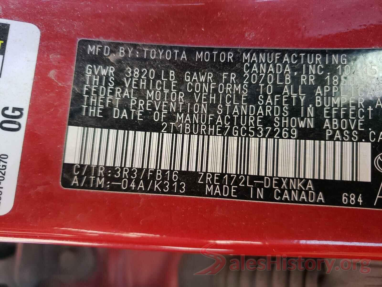 2T1BURHE7GC537269 2016 TOYOTA COROLLA