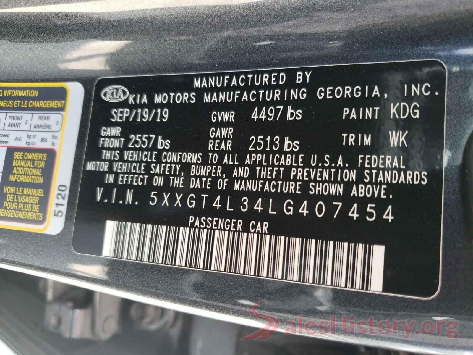 5XXGT4L34LG407454 2020 KIA OPTIMA