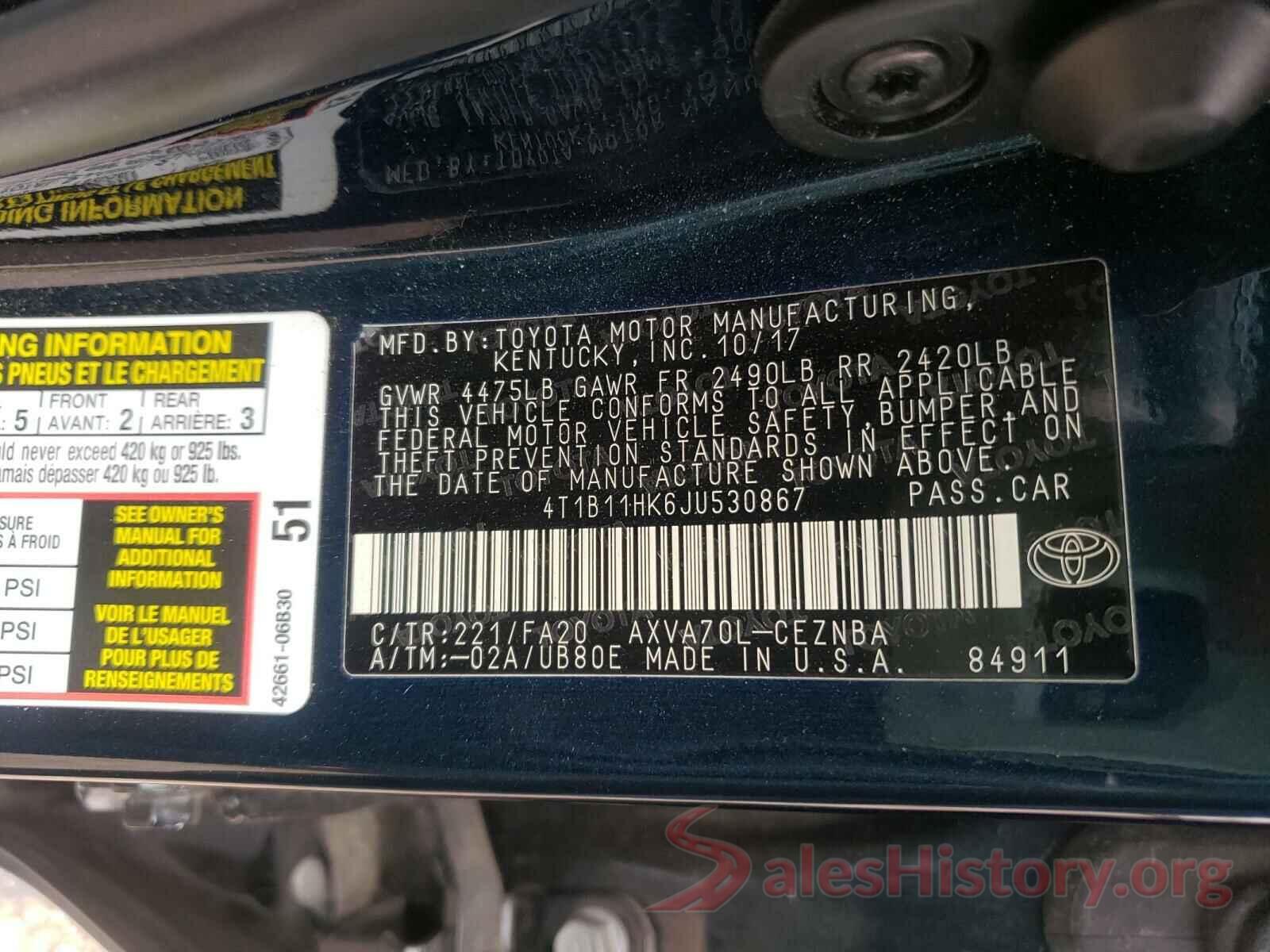 4T1B11HK6JU530867 2018 TOYOTA CAMRY