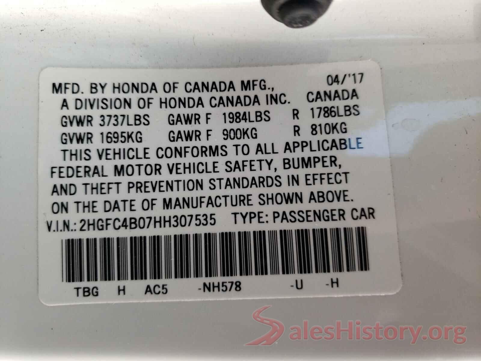 2HGFC4B07HH307535 2017 HONDA CIVIC