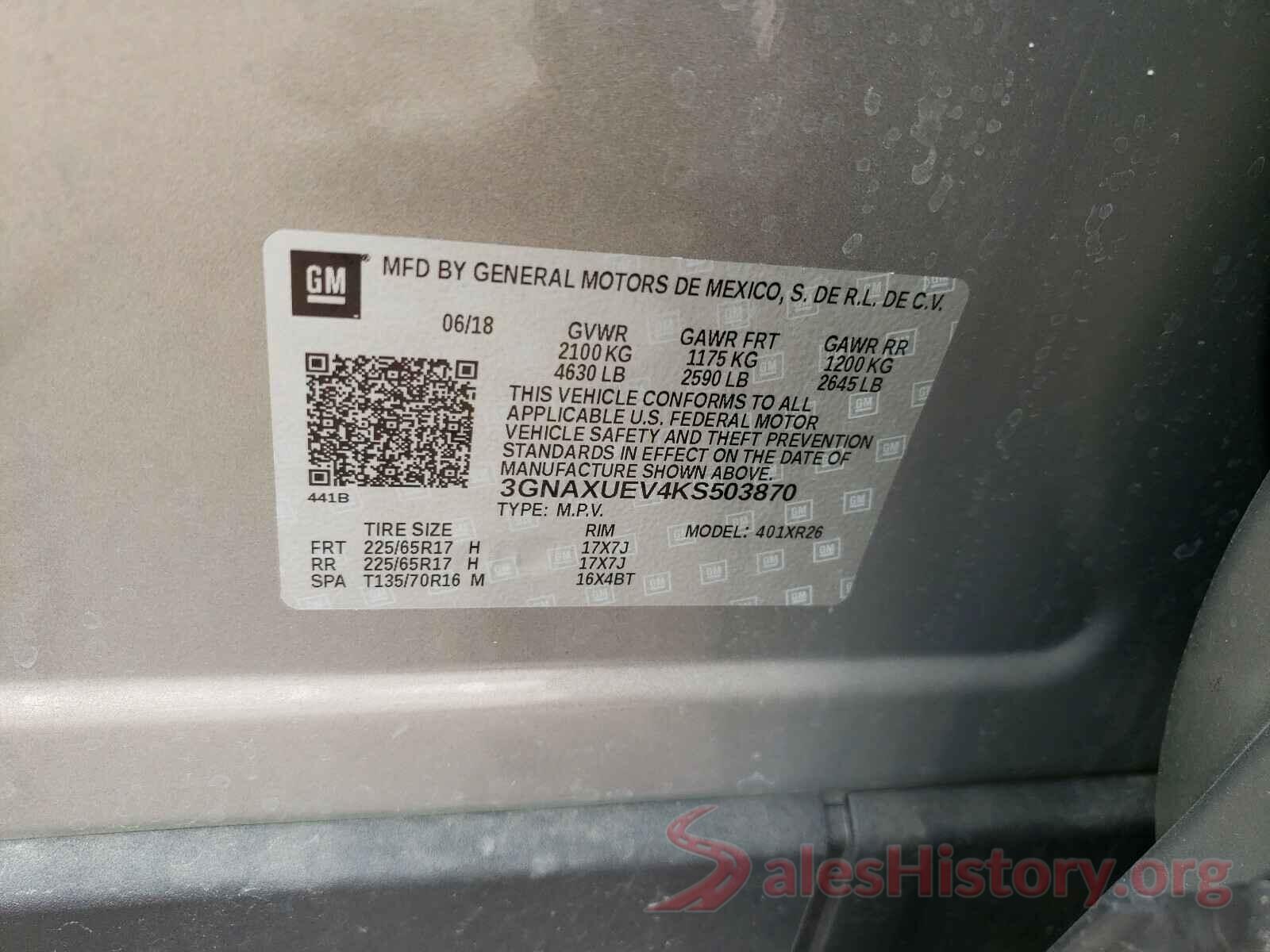 3GNAXUEV4KS503870 2019 CHEVROLET EQUINOX