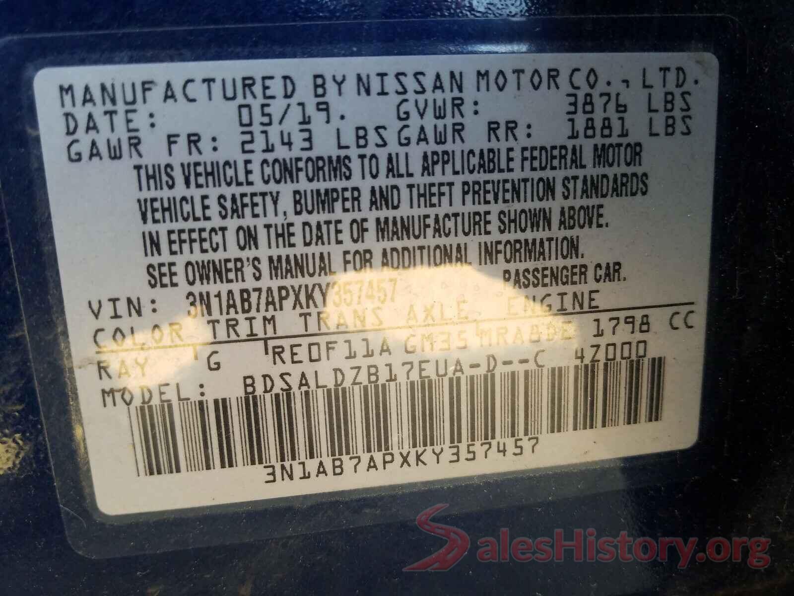 3N1AB7APXKY357457 2019 NISSAN SENTRA