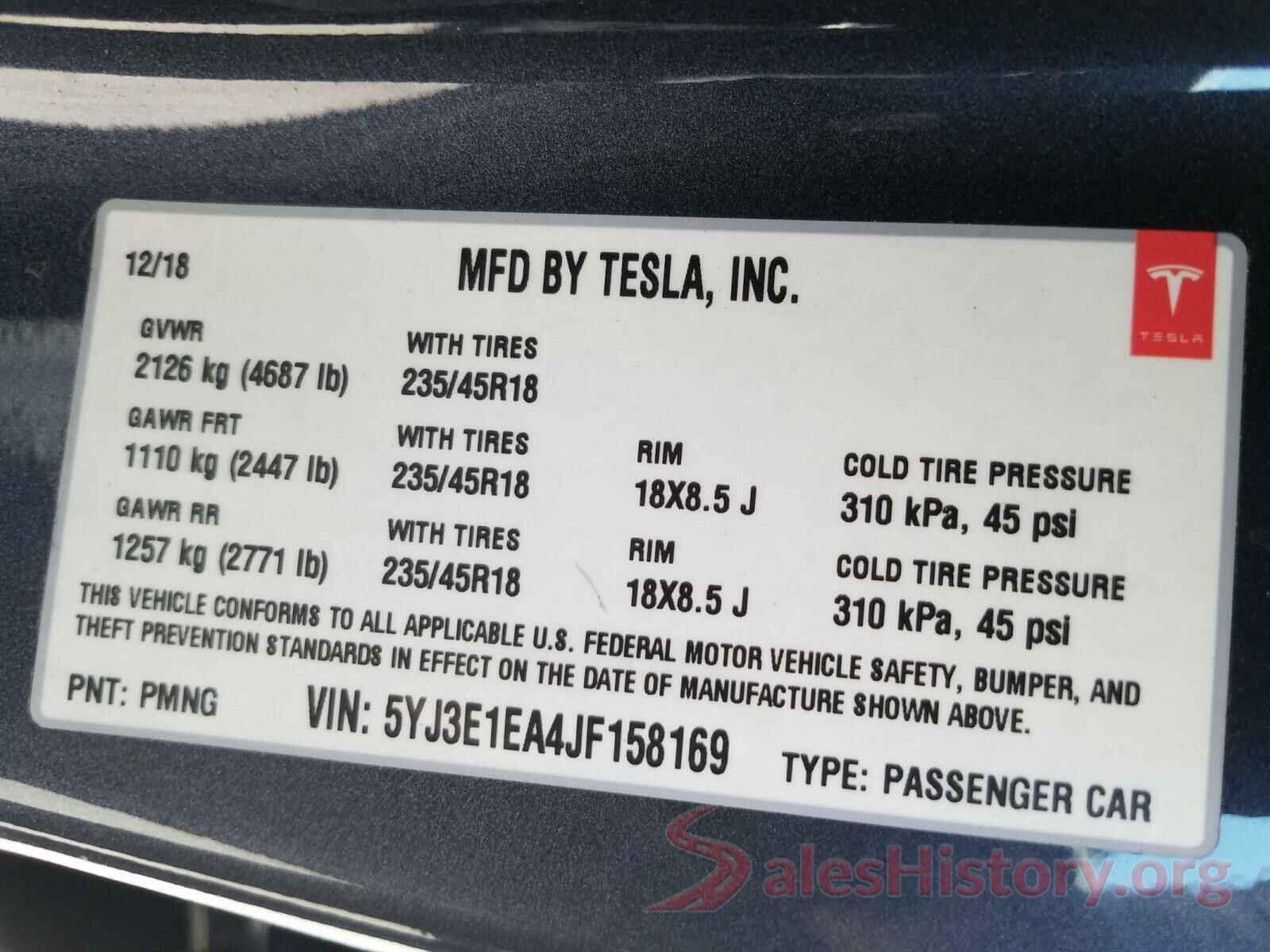 5YJ3E1EA4JF158169 2018 TESLA MODEL 3