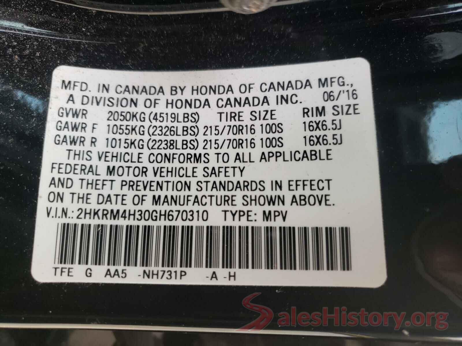 2HKRM4H30GH670310 2016 HONDA CRV