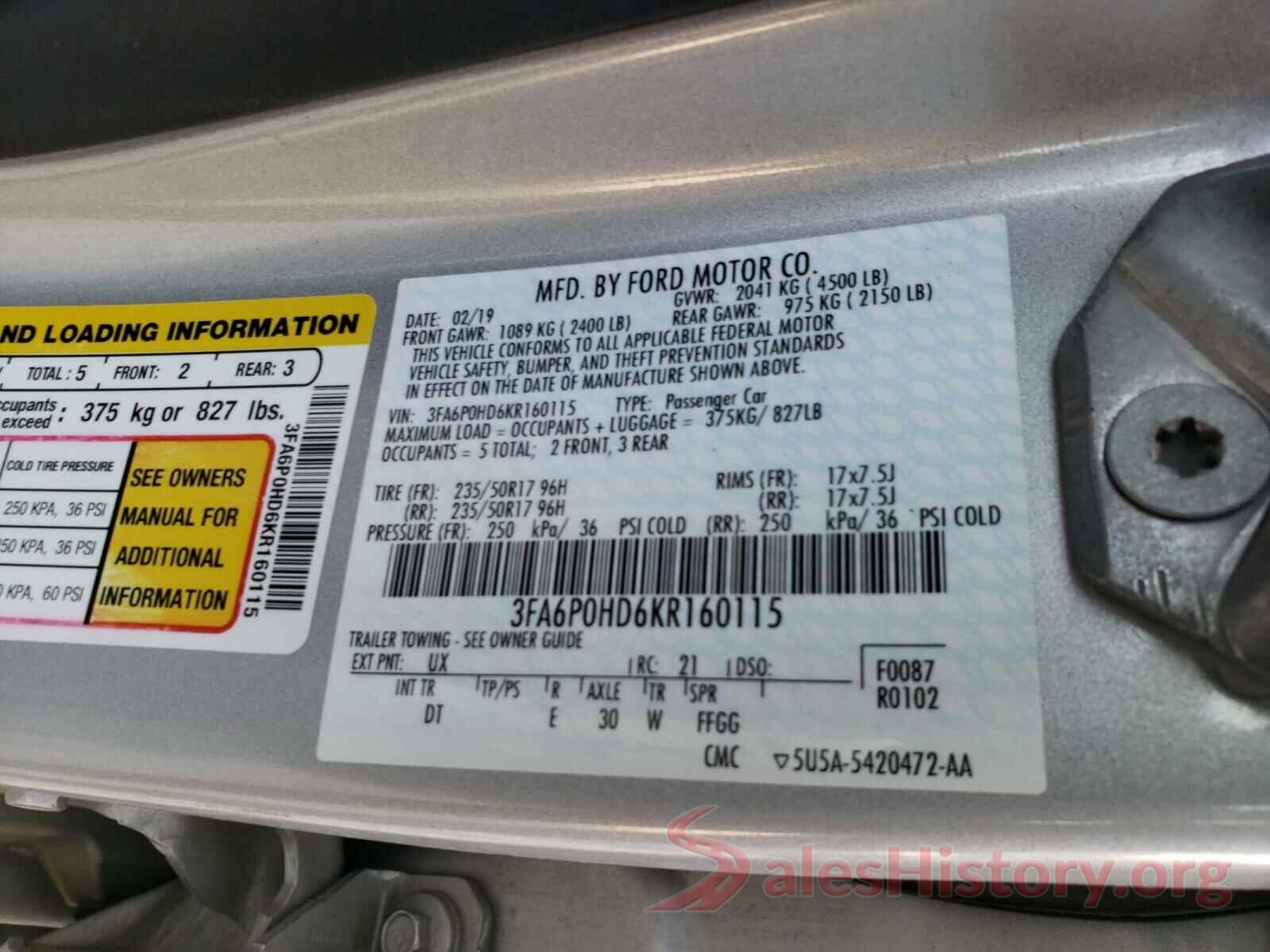 3FA6P0HD6KR160115 2019 FORD FUSION