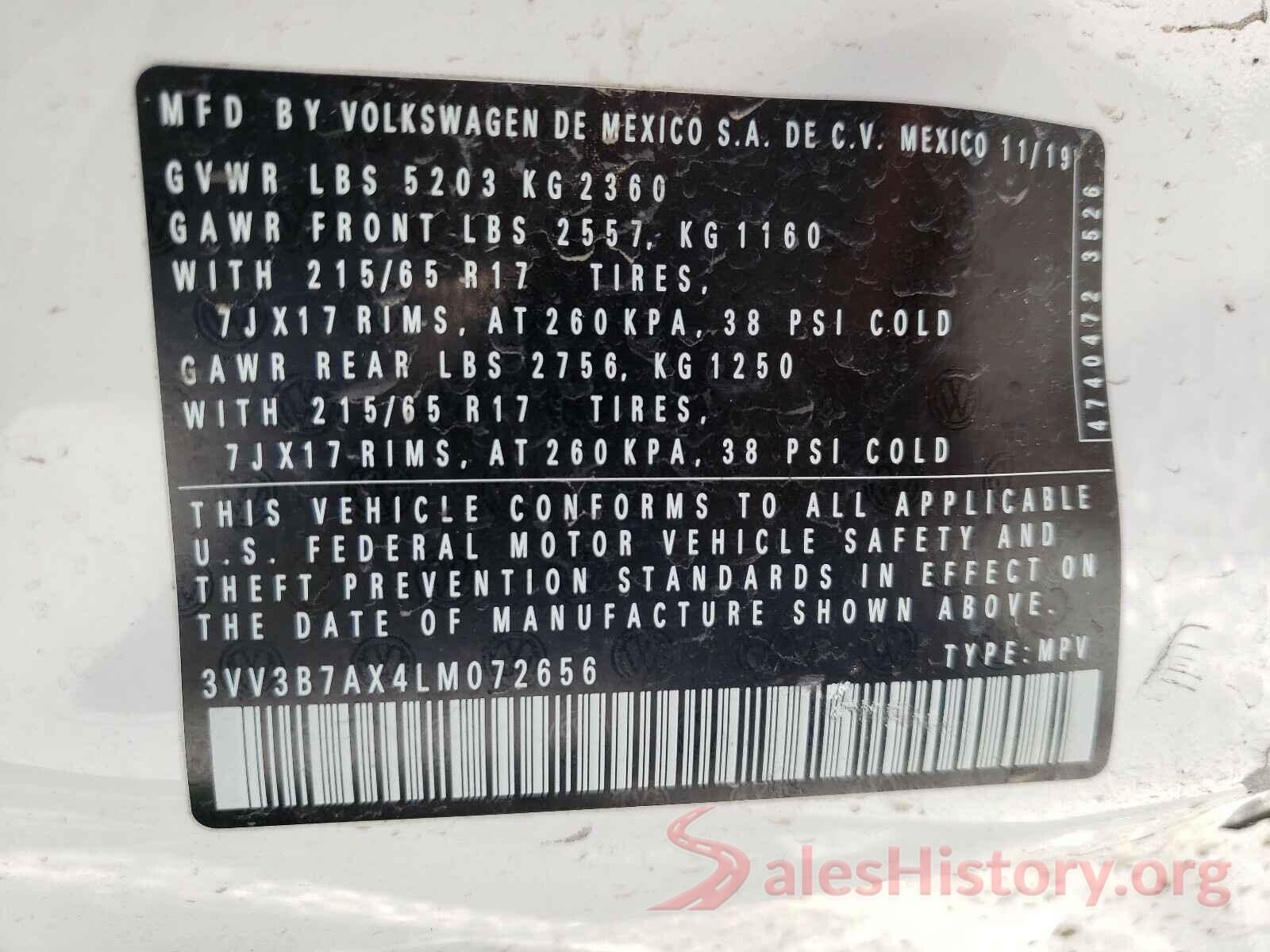 3VV3B7AX4LM072656 2020 VOLKSWAGEN TIGUAN