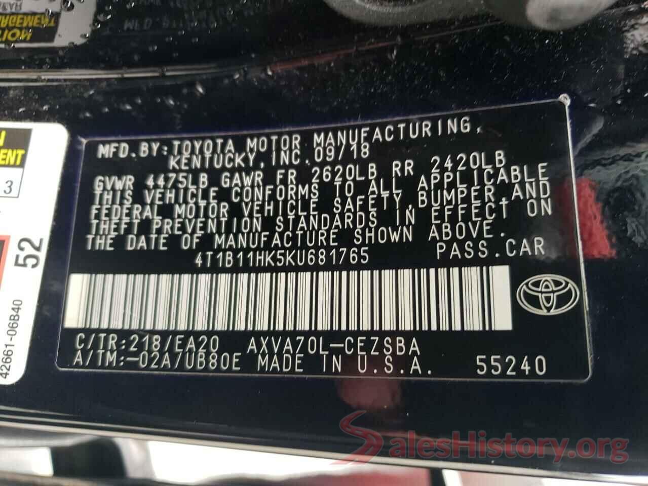 4T1B11HK5KU681765 2019 TOYOTA CAMRY