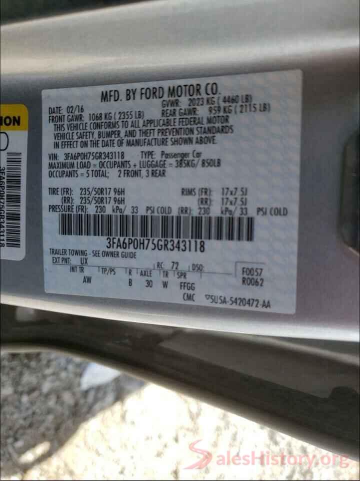 3FA6P0H75GR343118 2016 FORD FUSION