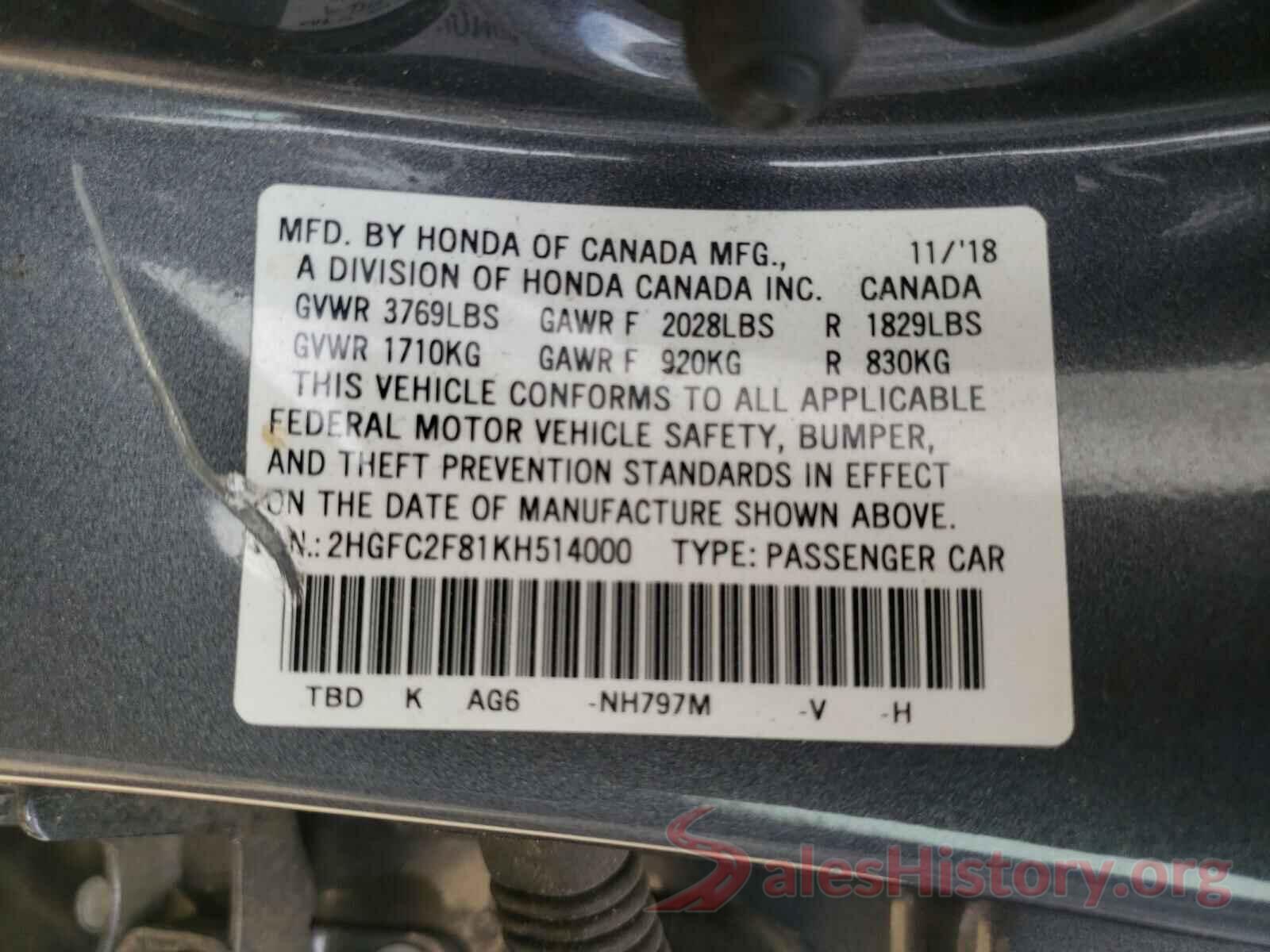 2HGFC2F81KH514000 2019 HONDA CIVIC