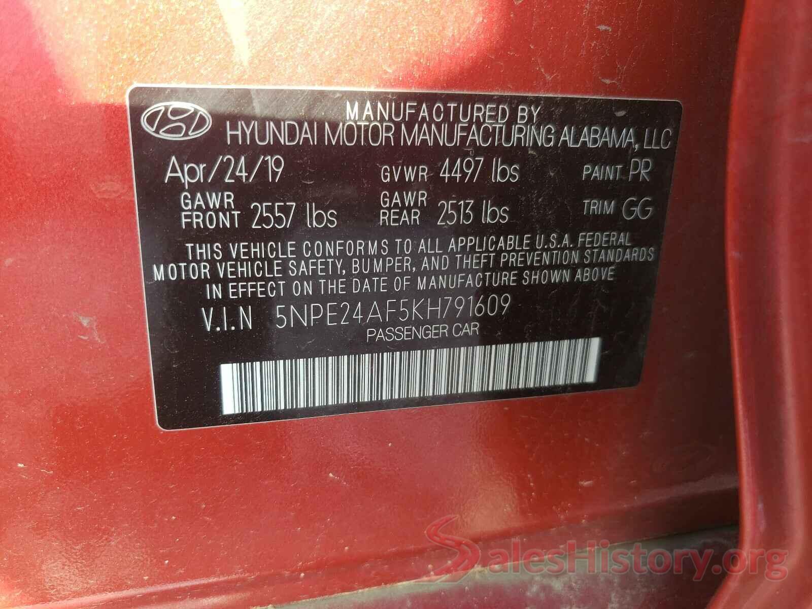 5NPE24AF5KH791609 2019 HYUNDAI SONATA