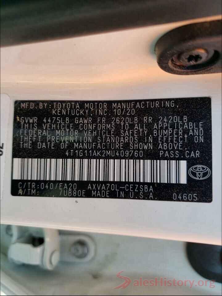 4T1G11AK2MU409760 2021 TOYOTA CAMRY