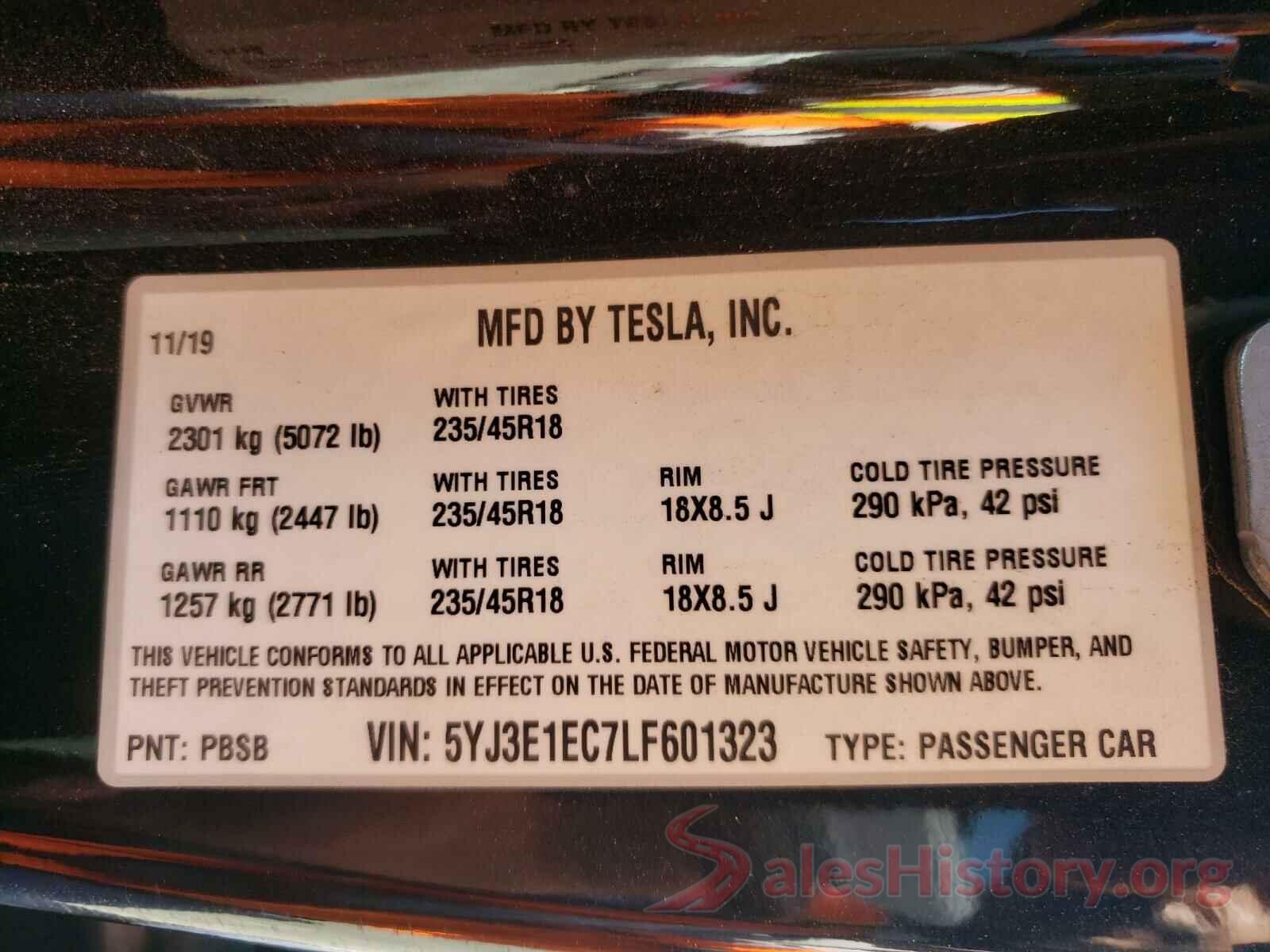 5YJ3E1EC7LF601323 2020 TESLA MODEL 3