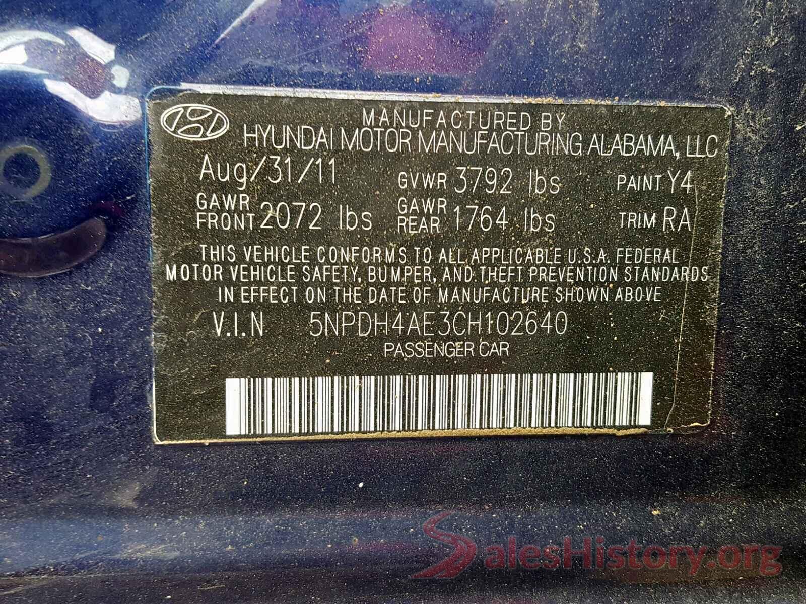 5NPDH4AE3CH102640 2012 HYUNDAI ELANTRA