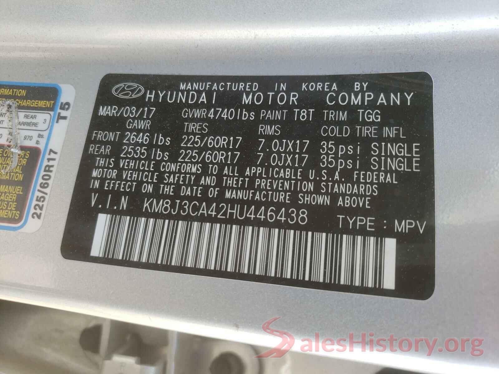 KM8J3CA42HU446438 2017 HYUNDAI TUCSON