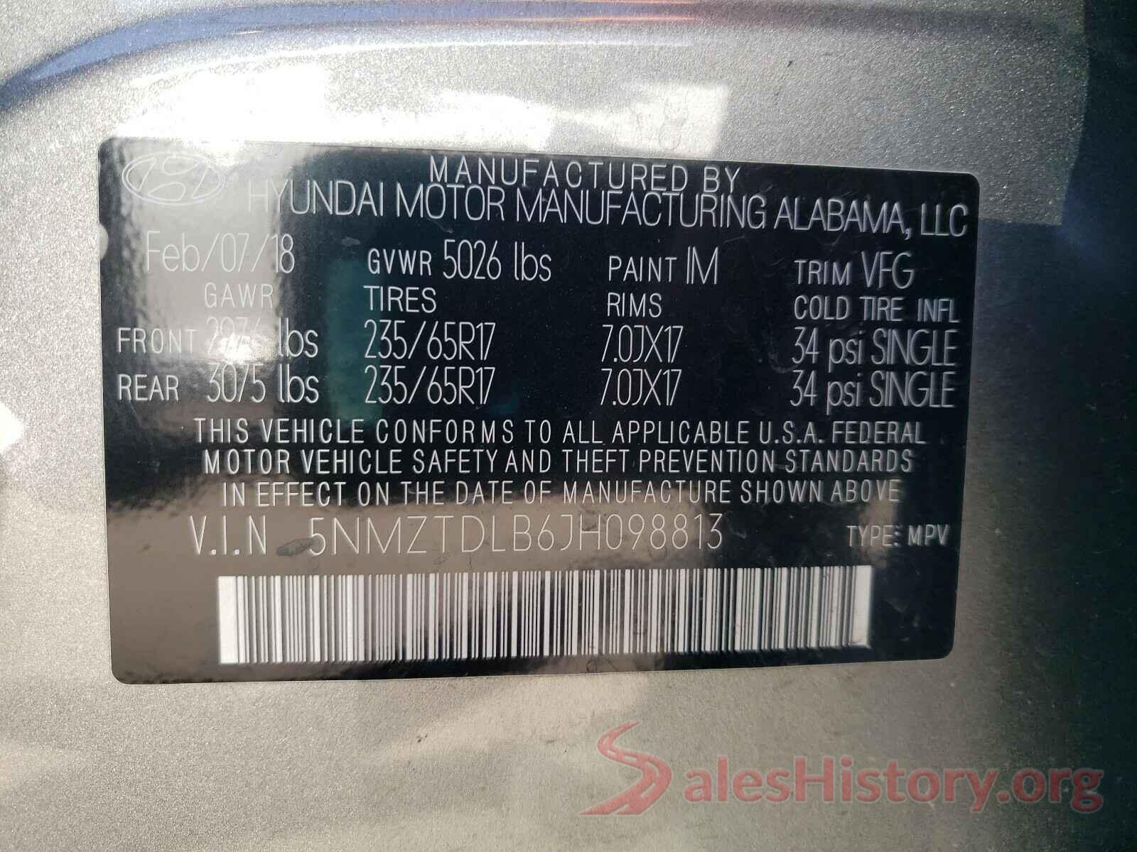 5NMZTDLB6JH098813 2018 HYUNDAI SANTA FE