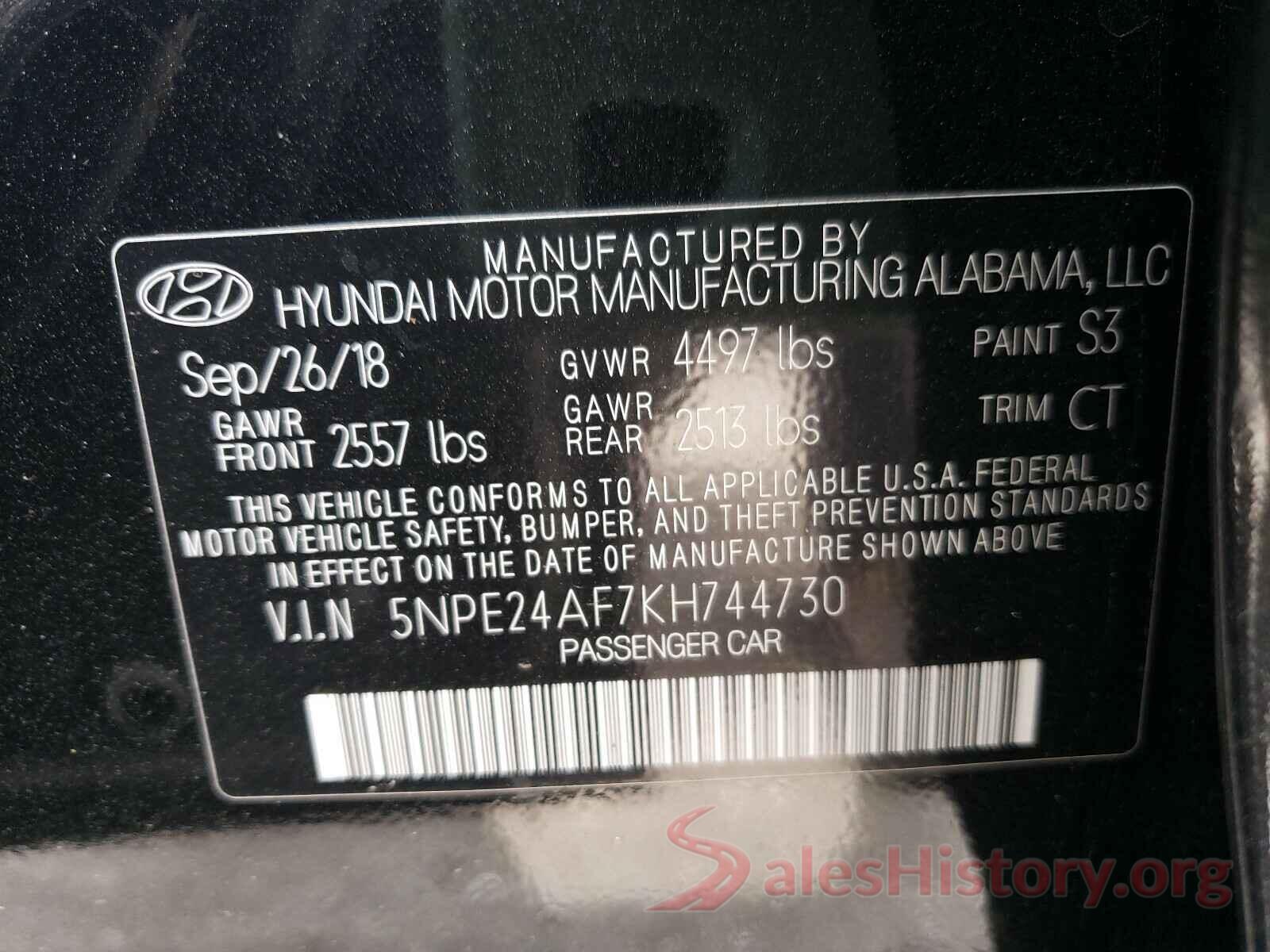 5NPE24AF7KH744730 2019 HYUNDAI SONATA