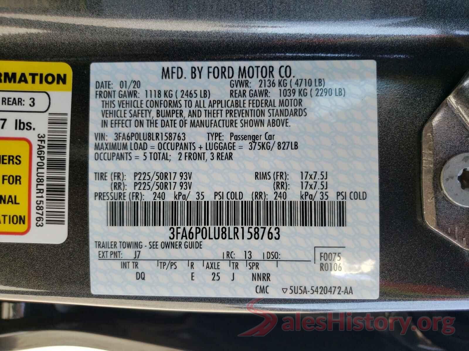 3FA6P0LU8LR158763 2020 FORD FUSION