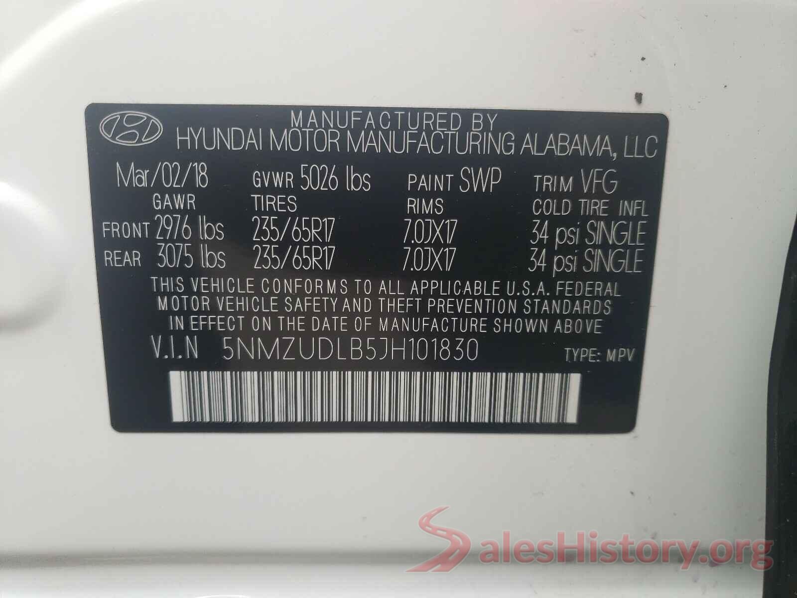 5NMZUDLB5JH101830 2018 HYUNDAI SANTA FE