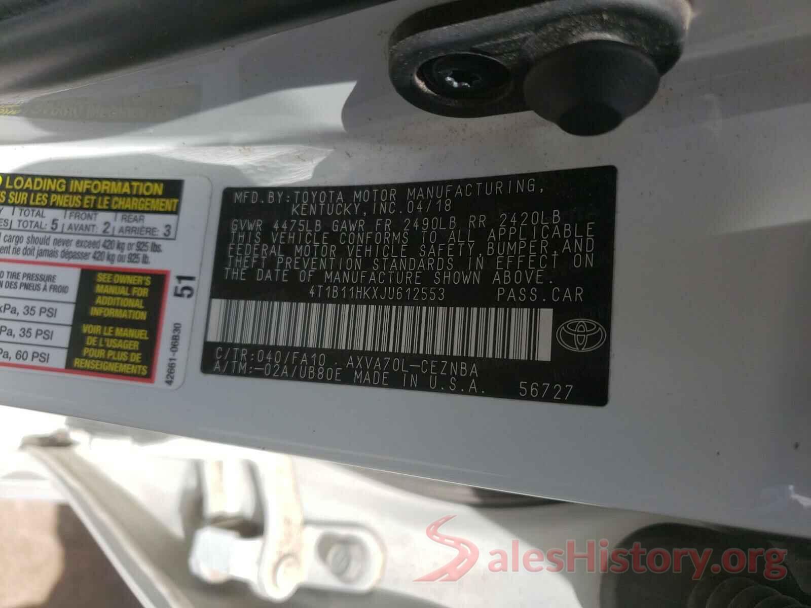 4T1B11HKXJU612553 2018 TOYOTA CAMRY