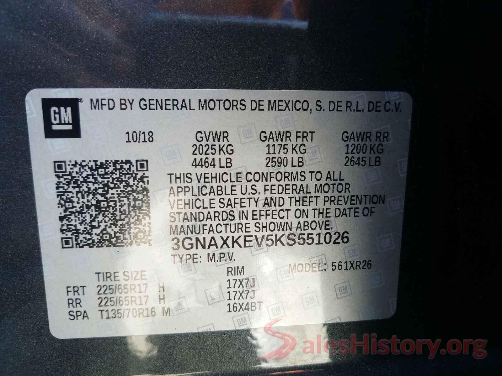 3GNAXKEV5KS551026 2019 CHEVROLET EQUINOX