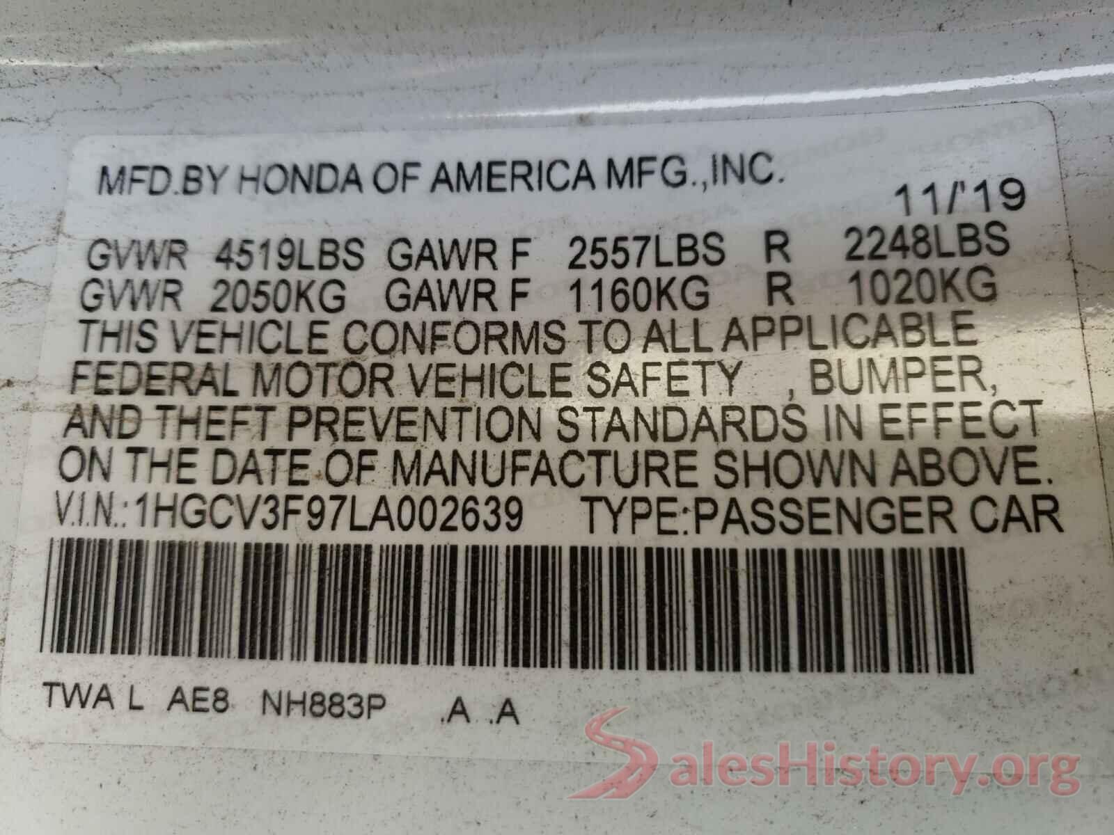 1HGCV3F97LA002639 2020 HONDA ACCORD