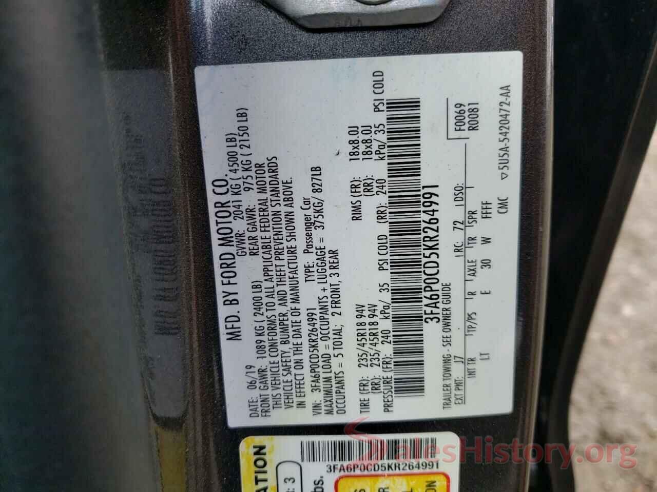 3FA6P0CD5KR264991 2019 FORD FUSION