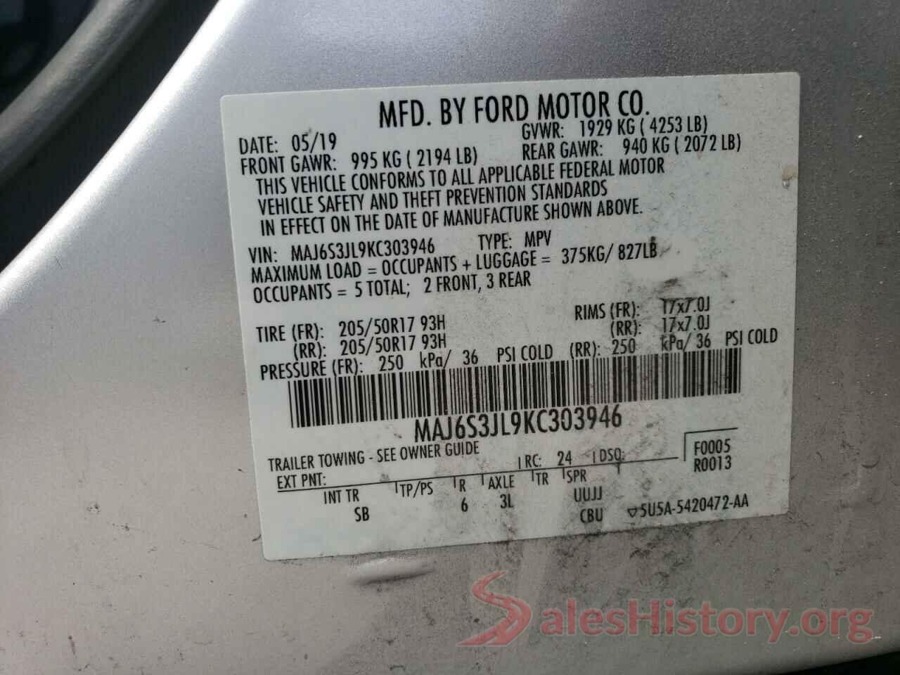 MAJ6S3JL9KC303946 2019 FORD ECOSPORT