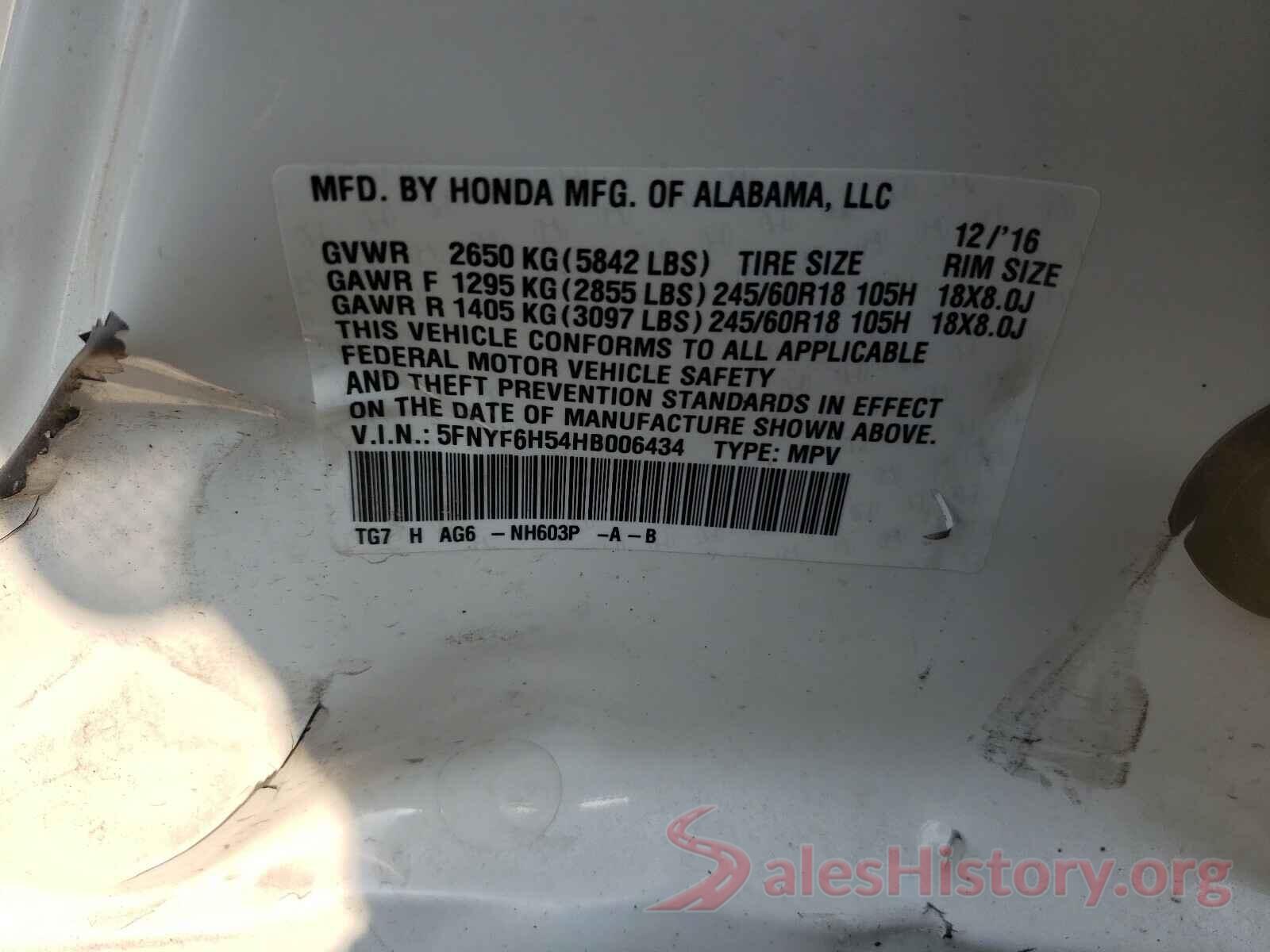 5FNYF6H54HB006434 2017 HONDA PILOT