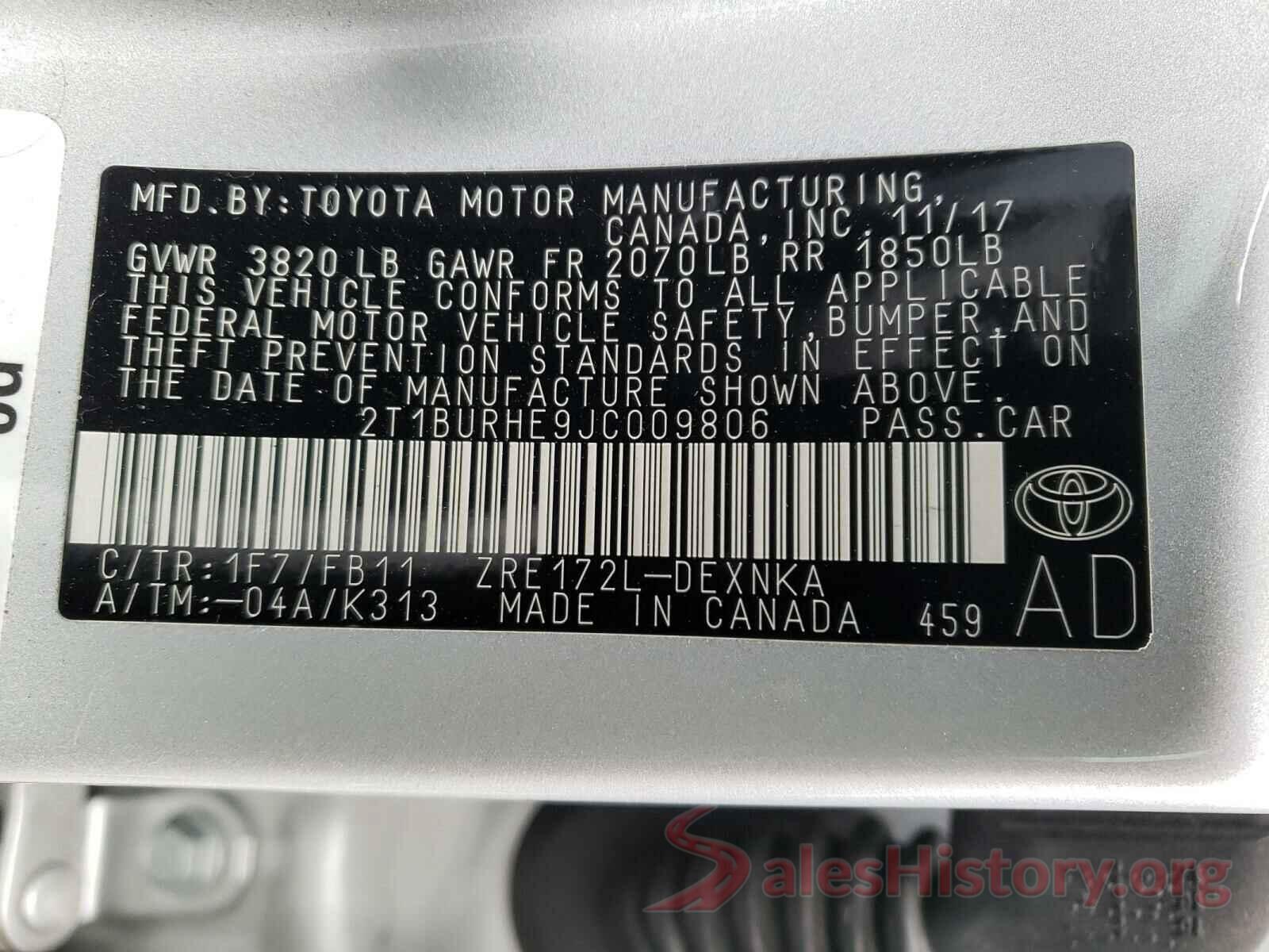 2T1BURHE9JC009806 2018 TOYOTA COROLLA