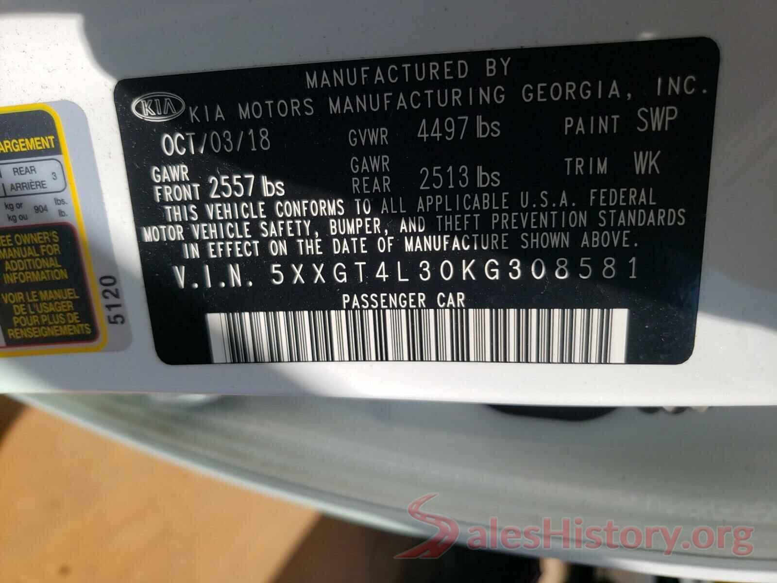 5XXGT4L30KG308581 2019 KIA OPTIMA