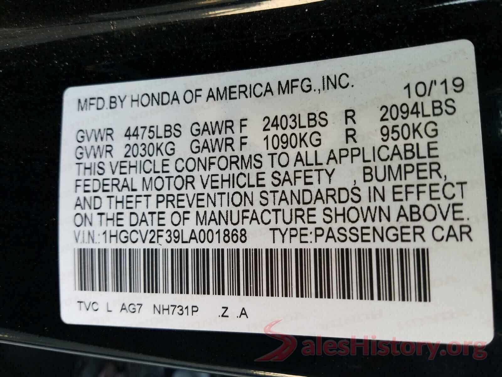 1HGCV2F39LA001868 2020 HONDA ACCORD