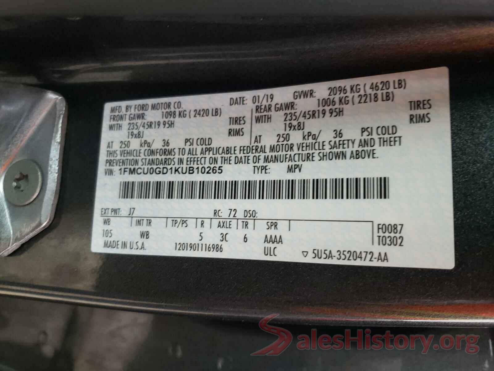 1FMCU0GD1KUB10265 2019 FORD ESCAPE