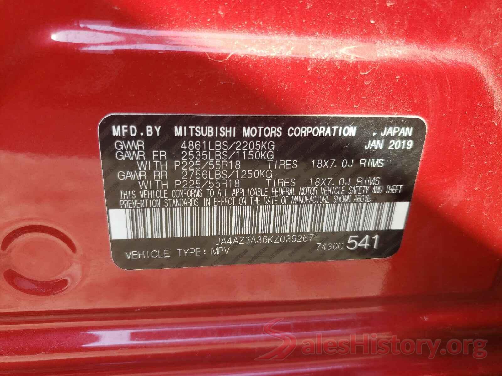 JA4AZ3A36KZ039267 2019 MITSUBISHI OUTLANDER