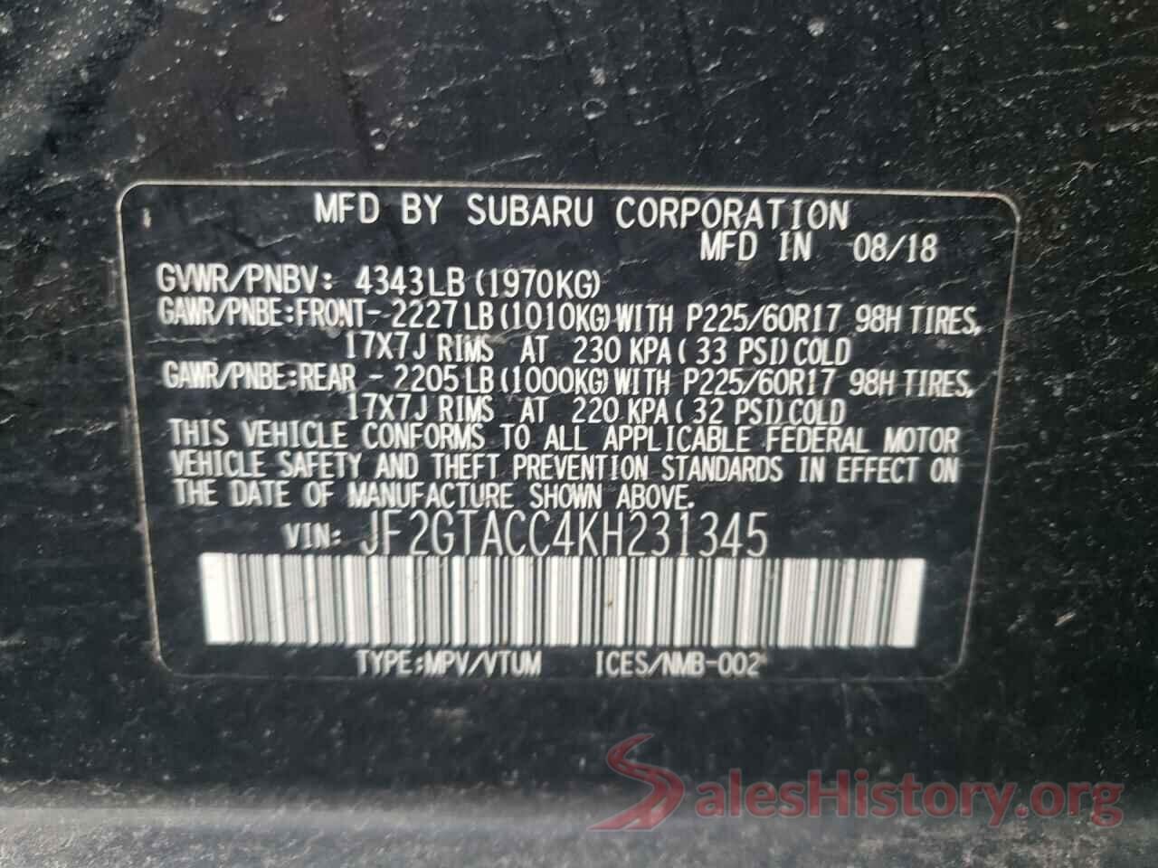 JF2GTACC4KH231345 2019 SUBARU CROSSTREK