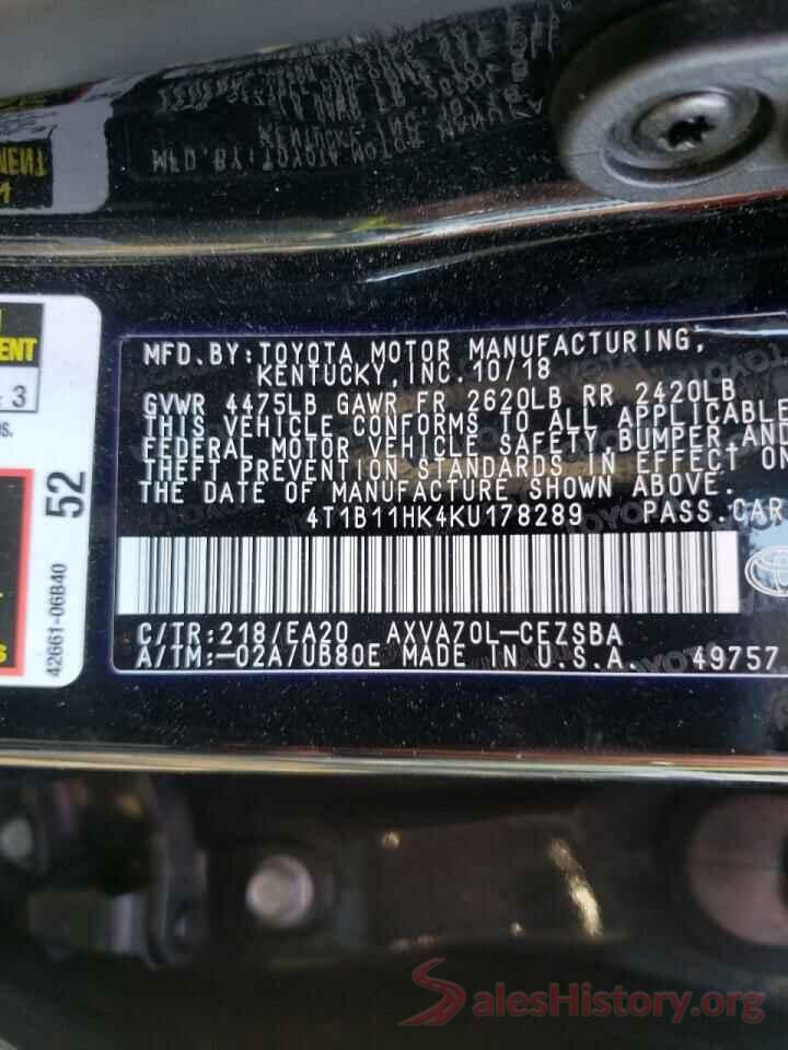 4T1B11HK4KU178289 2019 TOYOTA CAMRY